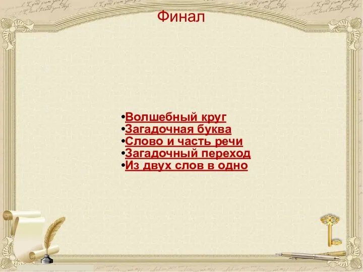 Финал Волшебный круг Загадочная буква Слово и часть речи Загадочный переход Из двух слов в одно