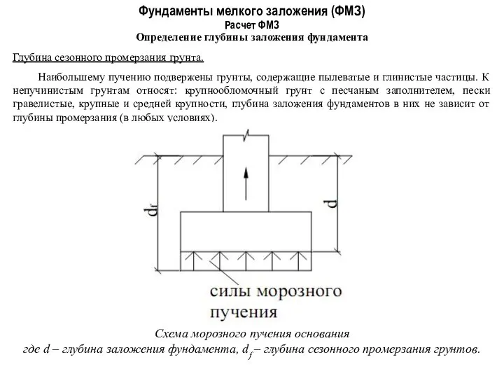 Фундаменты мелкого заложения (ФМЗ) Определение глубины заложения фундамента Расчет ФМЗ Глубина