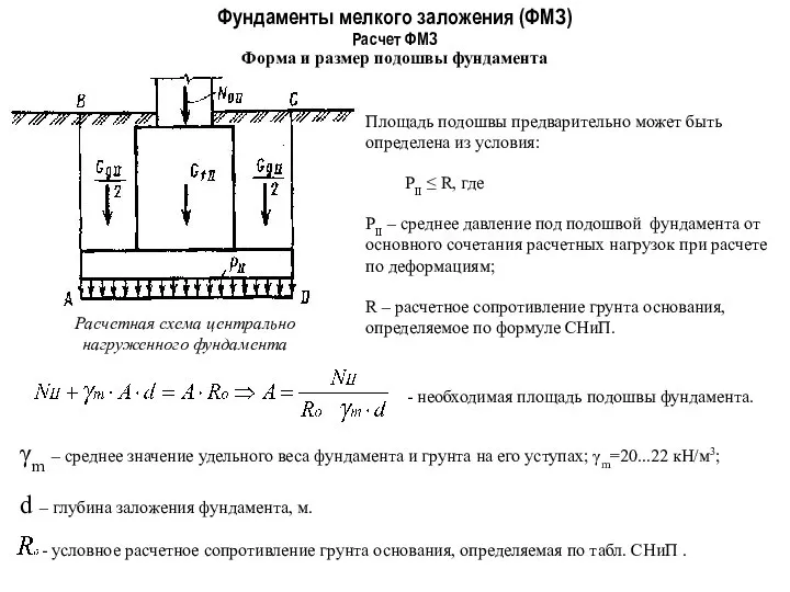 Фундаменты мелкого заложения (ФМЗ) Форма и размер подошвы фундамента Расчет ФМЗ