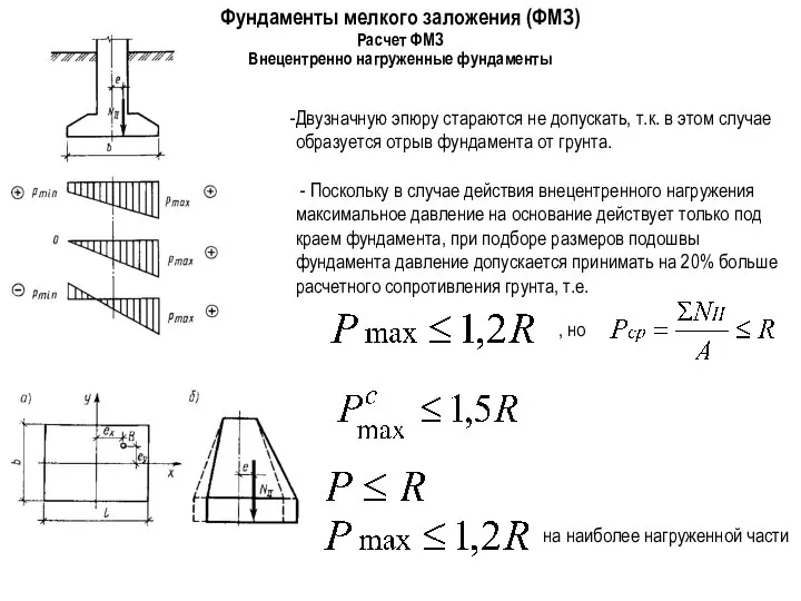 Фундаменты мелкого заложения (ФМЗ) Внецентренно нагруженные фундаменты Расчет ФМЗ Двузначную эпюру