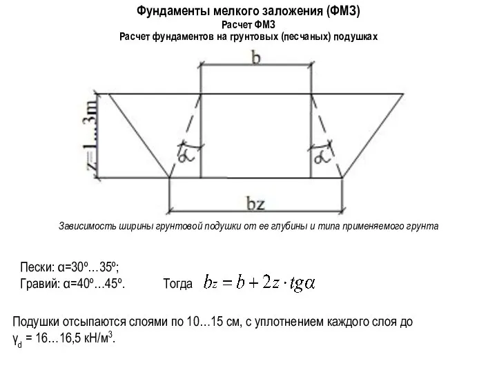 Фундаменты мелкого заложения (ФМЗ) Расчет фундаментов на грунтовых (песчаных) подушках Расчет