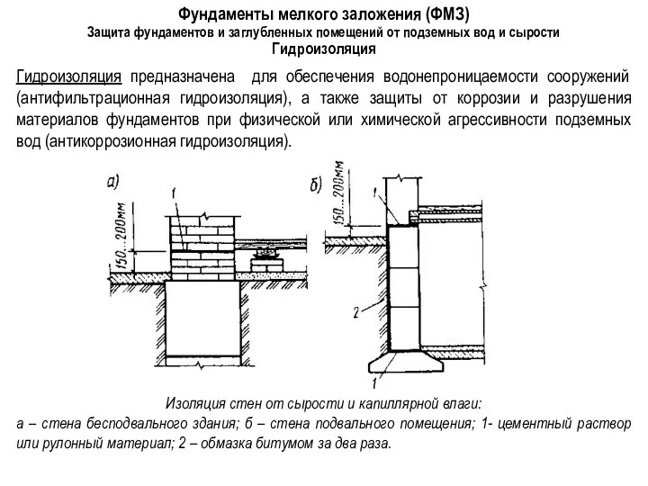 Фундаменты мелкого заложения (ФМЗ) Защита фундаментов и заглубленных помещений от подземных