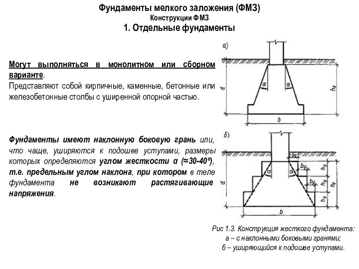 Фундаменты мелкого заложения (ФМЗ) Конструкции ФМЗ 1. Отдельные фундаменты Рис 1.3.