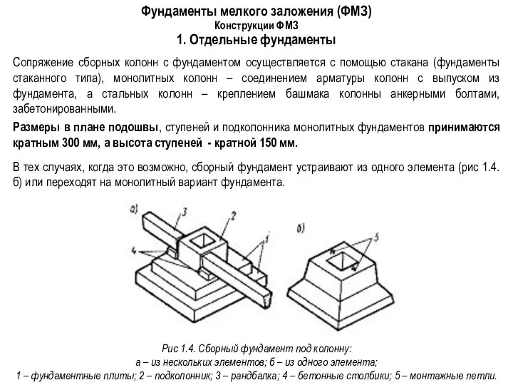 Фундаменты мелкого заложения (ФМЗ) Конструкции ФМЗ 1. Отдельные фундаменты Рис 1.4.