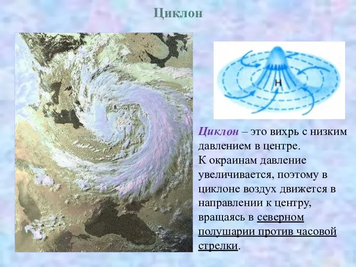 Циклон Циклон – это вихрь с низким давлением в центре. К