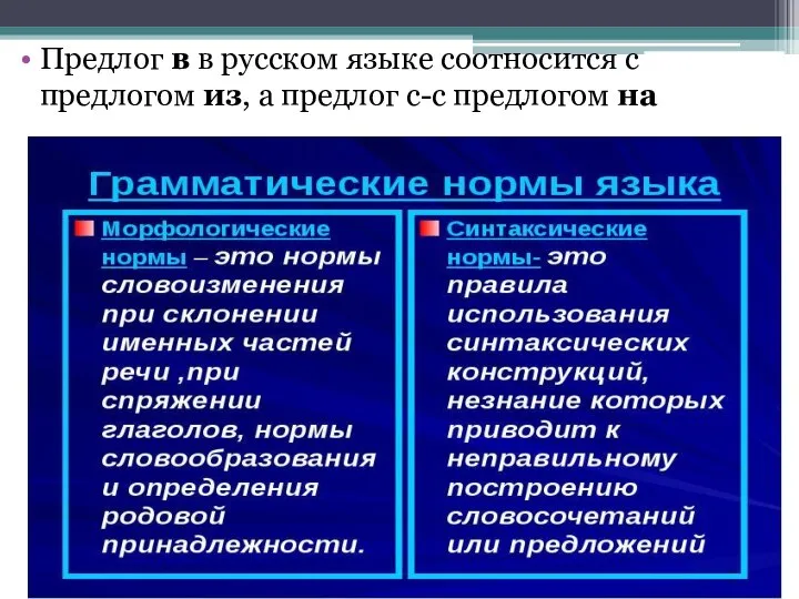 Предлог в в русском языке соотносится с предлогом из, а предлог с-с предлогом на