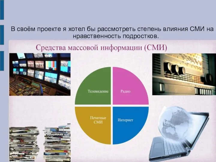 В своём проекте я хотел бы рассмотреть степень влияния СМИ на нравственность подростков.