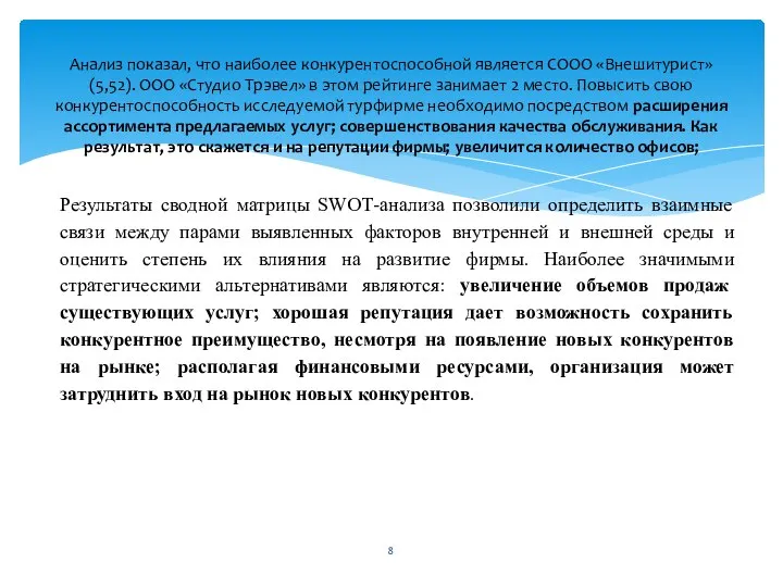 Анализ показал, что наиболее конкурентоспособной является СООО «Внешитурист» (5,52). ООО «Студио