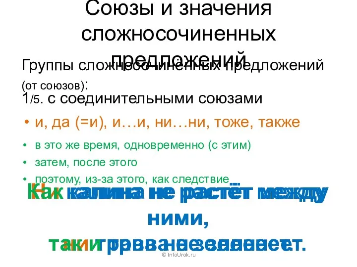 Союзы и значения сложносочиненных предложений Группы сложносочинённых предложений (от союзов): ©