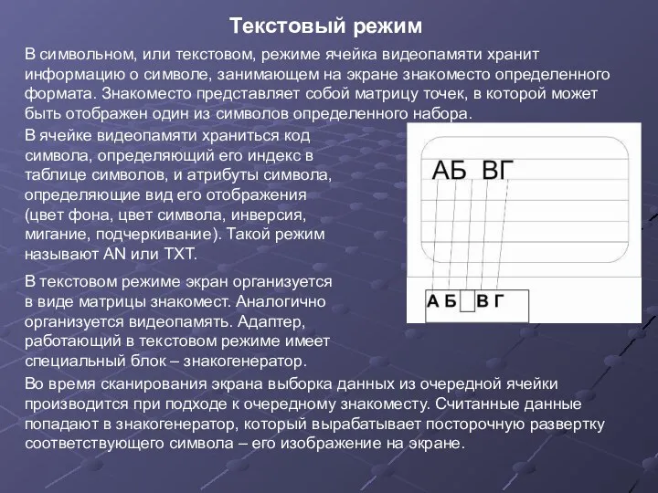 Текстовый режим В символьном, или текстовом, режиме ячейка видеопамяти хранит информацию