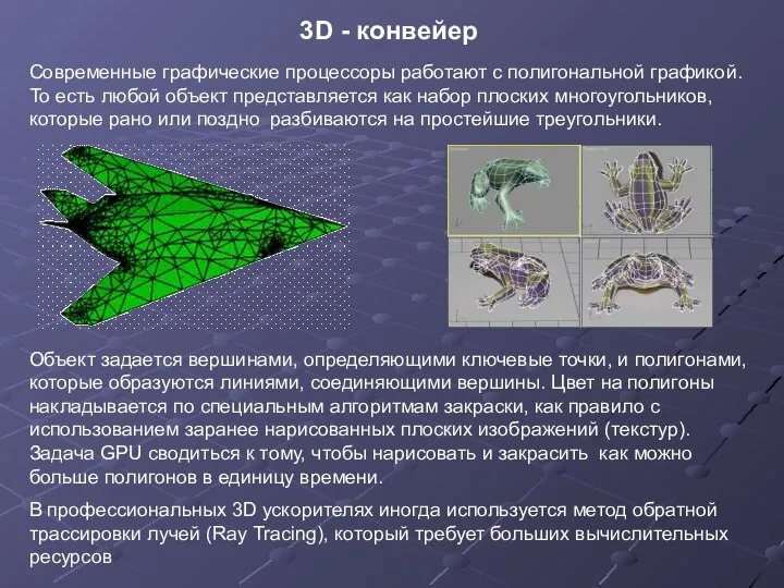 3D - конвейер Современные графические процессоры работают с полигональной графикой. То