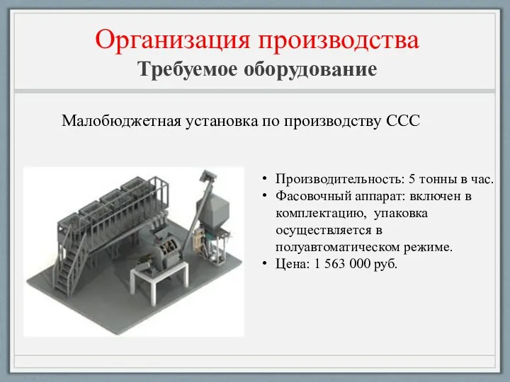 Организация производства Требуемое оборудование Малобюджетная установка по производству ССС Производительность: 5