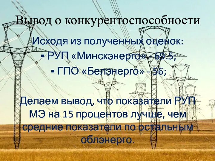 Вывод о конкурентоспособности Исходя из полученных оценок: РУП «Минскэнерго» - 69.5;