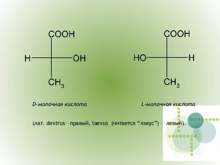 D-молочная кислота L-молочная кислота (лат. dextrus – правый, laevus (читается “лэвус”) – левый).