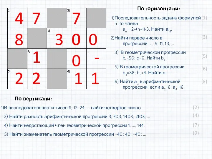 По горизонтали: Последовательность задана формулой n-го члена an = 2+(n-1)·3. Найти