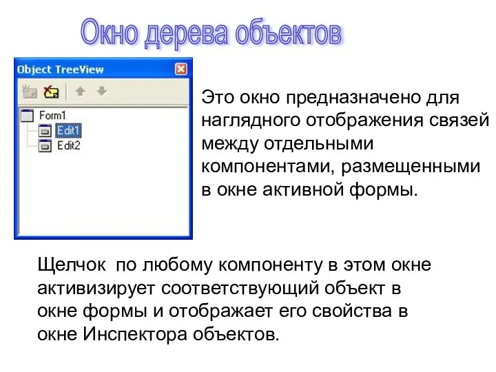 Окно дерева объектов Это окно предназначено для наглядного отображения связей между