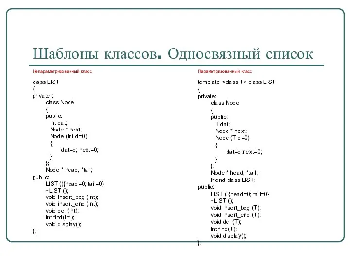 Шаблоны классов. Односвязный список Непараметризованный класс class LIST { private :