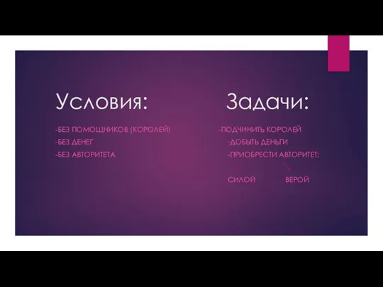 Условия: Задачи: -БЕЗ ПОМОЩНИКОВ (КОРОЛЕЙ) -ПОДЧИНИТЬ КОРОЛЕЙ -БЕЗ ДЕНЕГ -ДОБЫТЬ ДЕНЬГИ