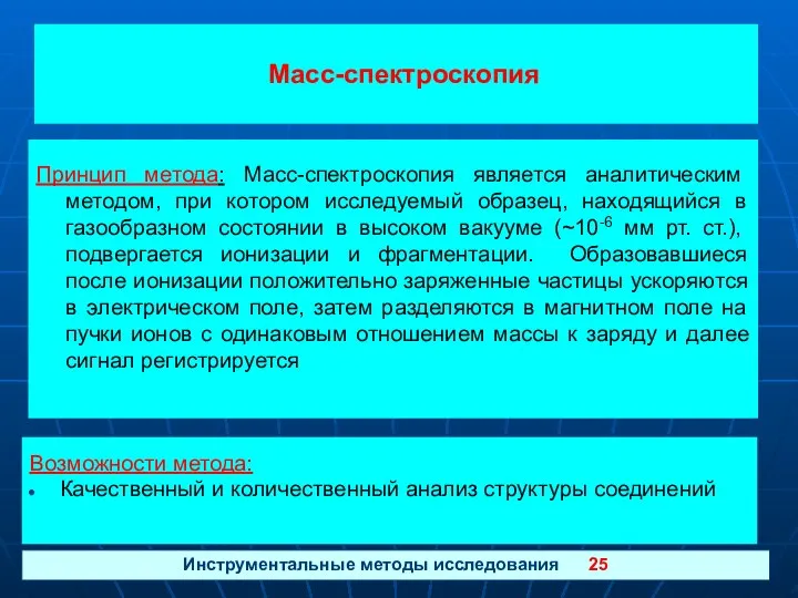 Масс-спектроскопия Инструментальные методы исследования 25 Принцип метода: Масс-спектроскопия является аналитическим методом,