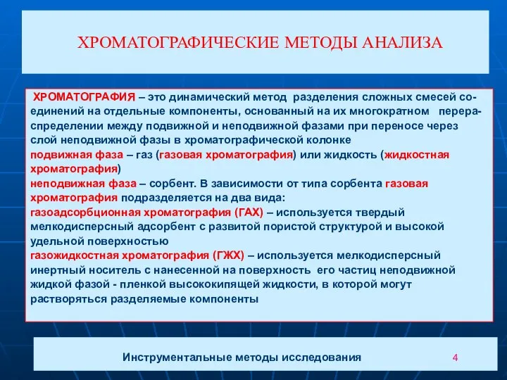 ХРОМАТОГРАФИЧЕСКИЕ МЕТОДЫ АНАЛИЗА ХРОМАТОГРАФИЯ – это динамический метод разделения сложных смесей