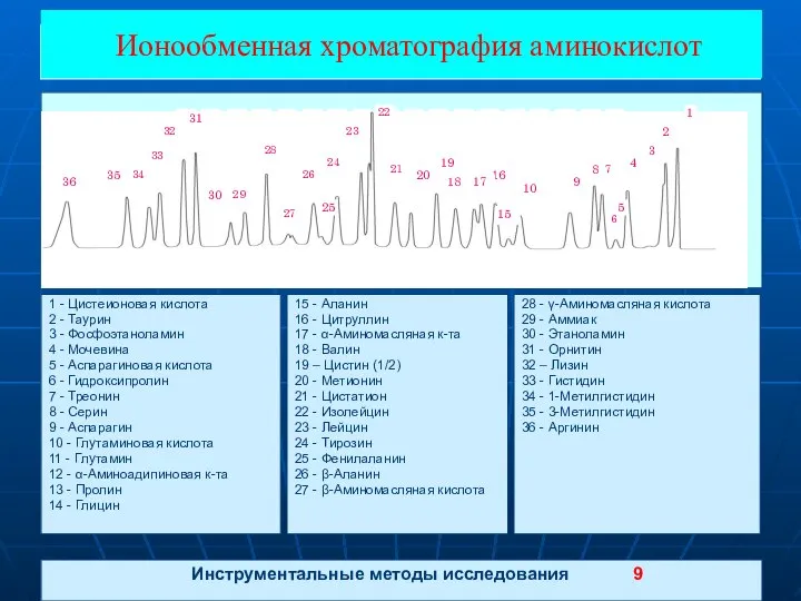 Ионообменная хроматография аминокислот Инструментальные методы исследования 9 –––––––––––––––––– 1 - Цистеионовая