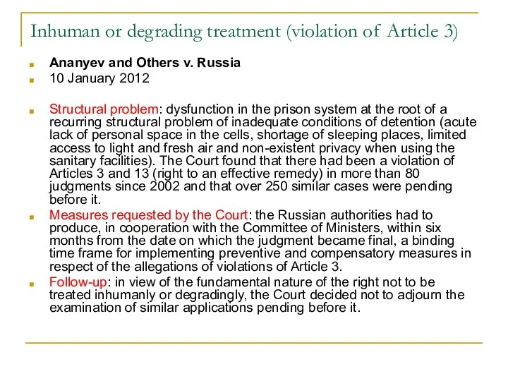 Inhuman or degrading treatment (violation of Article 3) Ananyev and Others