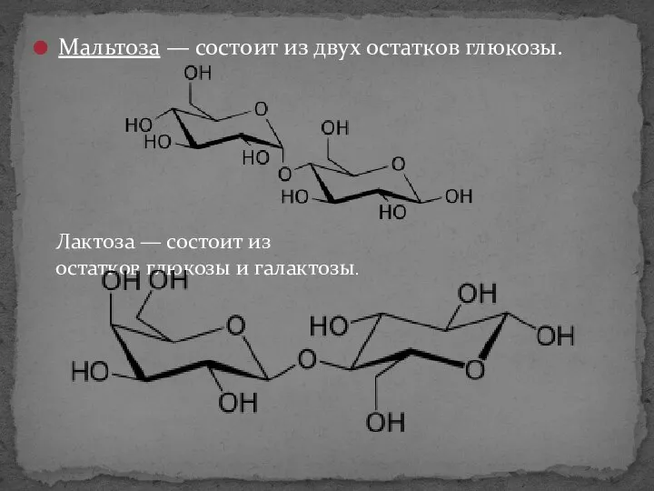 Мальтоза — состоит из двух остатков глюкозы. Лактоза — состоит из остатков глюкозы и галактозы.