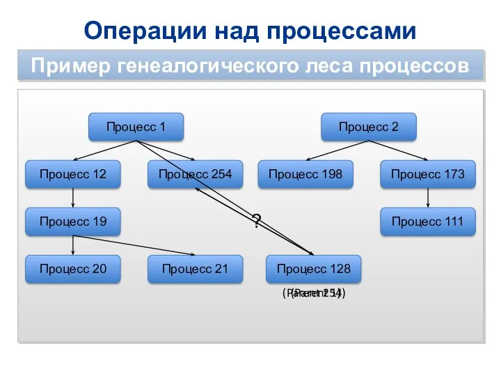 Операции над процессами Пример генеалогического леса процессов Процесс 1 Процесс 12