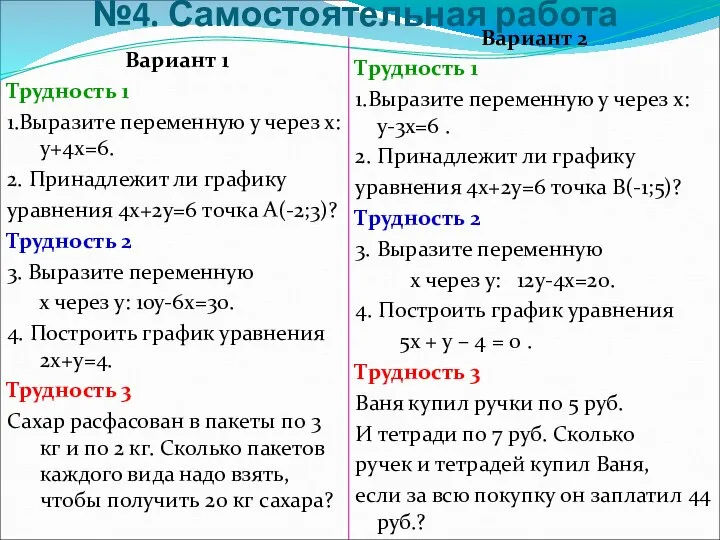 №4. Самостоятельная работа Вариант 1 Трудность 1 1.Выразите переменную у через