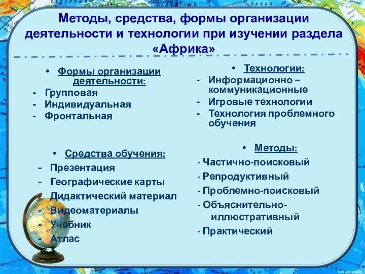 Методы, средства, формы организации деятельности и технологии при изучении раздела «Африка»