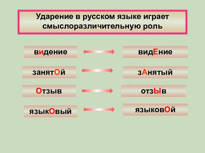 Ударение в русском языке играет смыслоразличительную роль Отзыв отзЫв занятОй зАнятый видение видЕние языкОвый языковОй