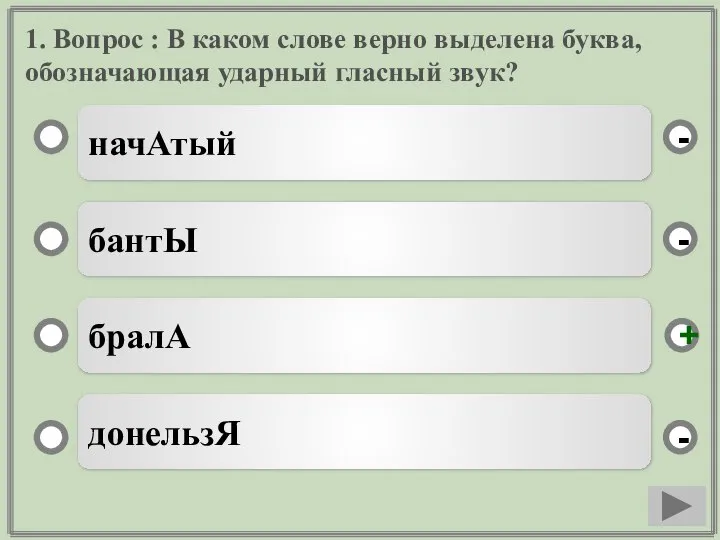 1. Вопрос : В каком слове верно выделена буква, обозначающая ударный