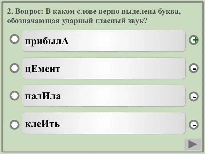 2. Вопрос: В каком слове верно выделена буква, обозначающая ударный гласный