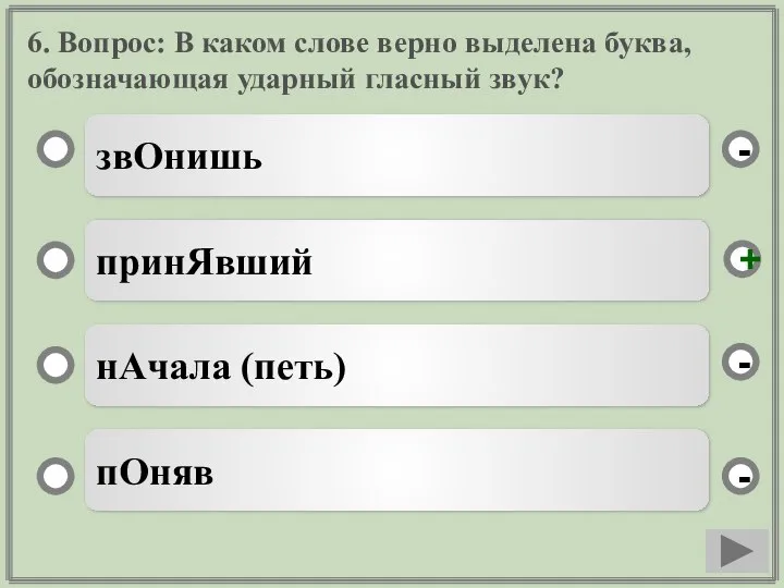 6. Вопрос: В каком слове верно выделена буква, обозначающая ударный гласный