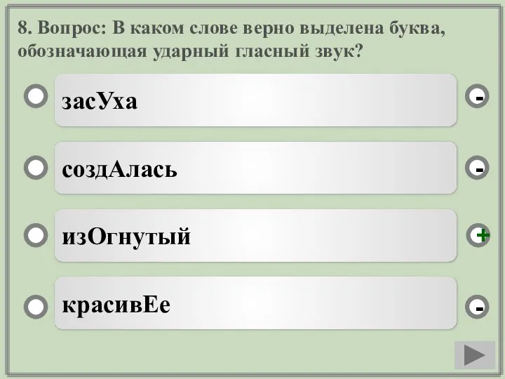 8. Вопрос: В каком слове верно выделена буква, обозначающая ударный гласный