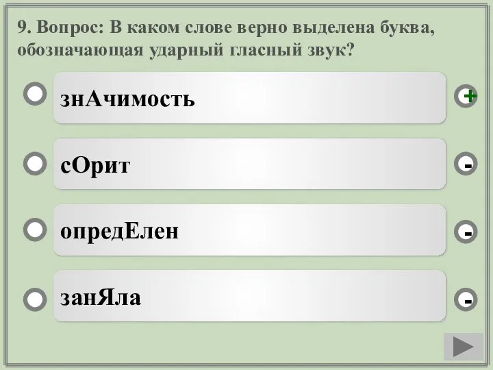 9. Вопрос: В каком слове верно выделена буква, обозначающая ударный гласный