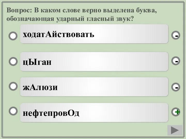 Вопрос: В каком слове верно выделена буква, обозначающая ударный гласный звук?