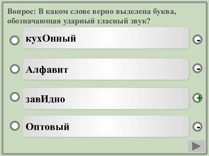 Вопрос: В каком слове верно выделена буква, обозначающая ударный гласный звук?