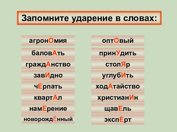 Запомните ударение в словах: агронОмия баловАть граждАнство завИдно чЕрпать квартАл намЕрение