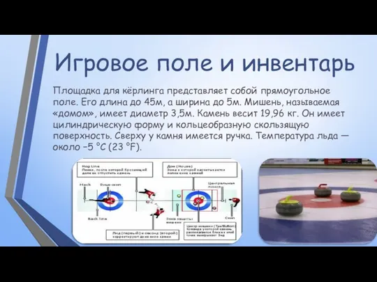 Игровое поле и инвентарь Площадка для кёрлинга представляет собой прямоугольное поле.