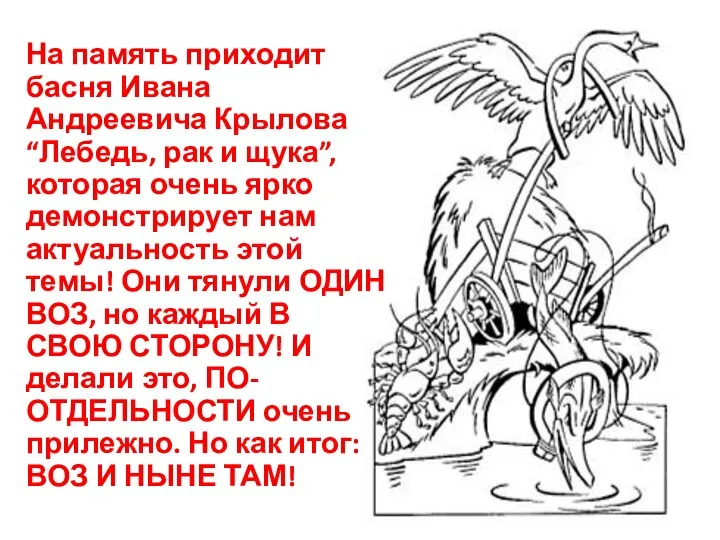 На память приходит басня Ивана Андреевича Крылова “Лебедь, рак и щука”,
