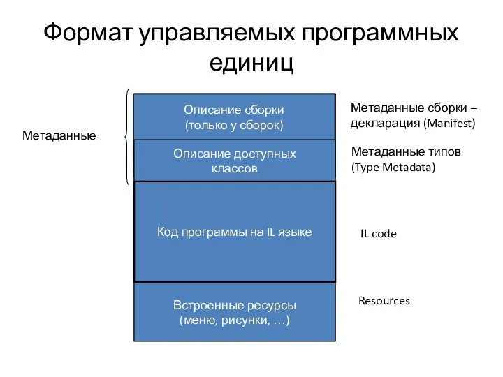 Формат управляемых программных единиц Описание сборки (только у сборок) Описание доступных