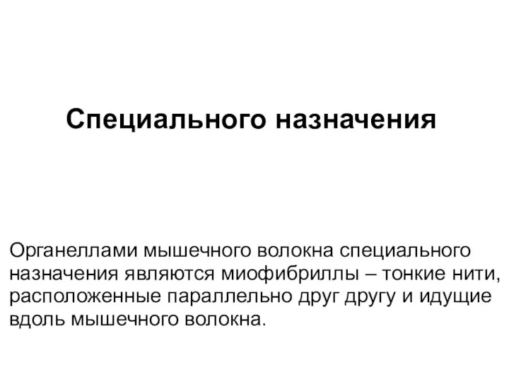 Специального назначения Органеллами мышечного волокна специального назначения являются миофибриллы – тонкие