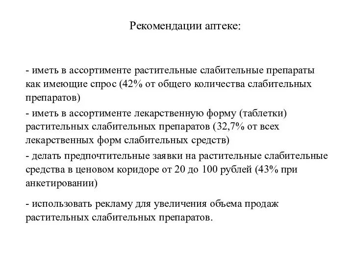 Рекомендации аптеке: - иметь в ассортименте растительные слабительные препараты как имеющие