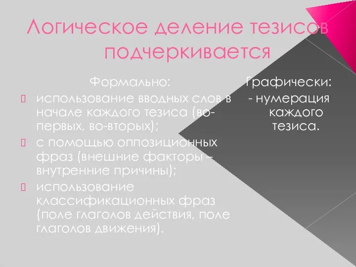 Логическое деление тезисов подчеркивается Формально: использование вводных слов в начале каждого