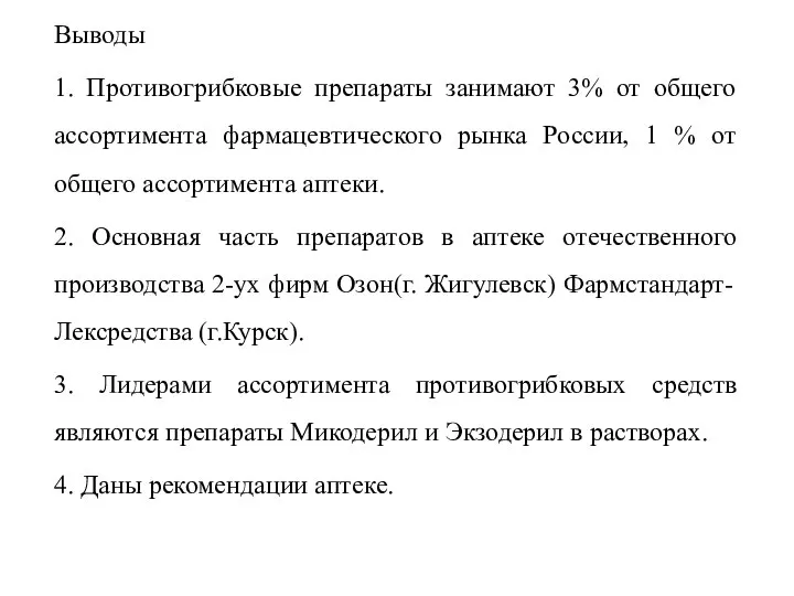 Выводы 1. Противогрибковые препараты занимают 3% от общего ассортимента фармацевтического рынка