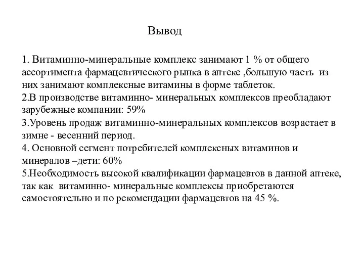 Вывод 1. Витаминно-минеральные комплекс занимают 1 % от общего ассортимента фармацевтического