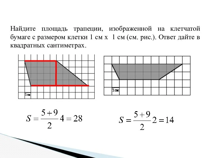 Найдите площадь трапеции, изображенной на клетчатой бумаге с размером клетки 1