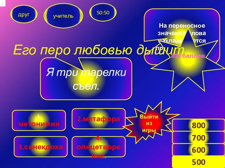 друг учитель 50:50 2.метафора 1. метонимия 3.синекдоха 4.олицетворение. Я три тарелки