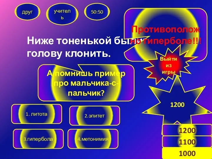 Ниже тоненькой былиночки надо голову клонить. друг учитель 50:50 2.эпитет 1.